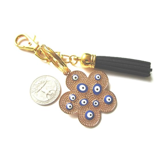 Gold tone blue evil eye flower charm key chain black leather tassel purse charm - Picture 2 of 10